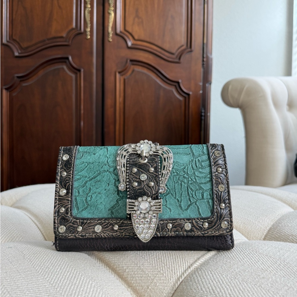 Western Turquoise and Rhinestone Wallet with Embellished Buckle